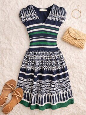 Max Studio Knit Dress Blue White Green Patterned Fit Flare M